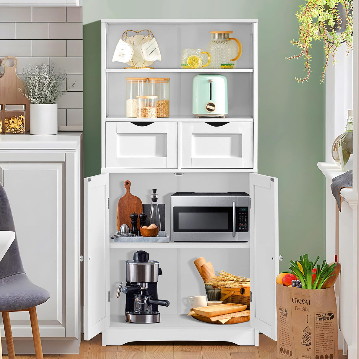 Iwell Tall Bathroom Cabinet, Storage Cabinet with 2 Drawers & Adjustable Shelves, Bathroom Storage Cabinet for Living Room, Dining Room, Entryway, White Iwell