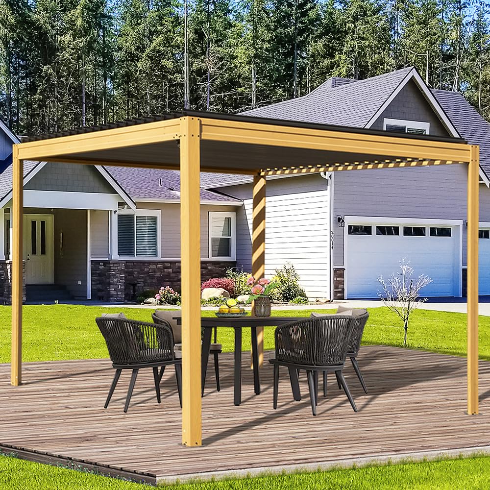 Domi Louvered Pergola 10X10FT, Wood Grain Aluminum Pergola with Adjustable Roof, Wood Looking Aluminum Frame, Efficient Drainage System, Outdoor Pergola for Patio, Deck, Garden domi outdoor living