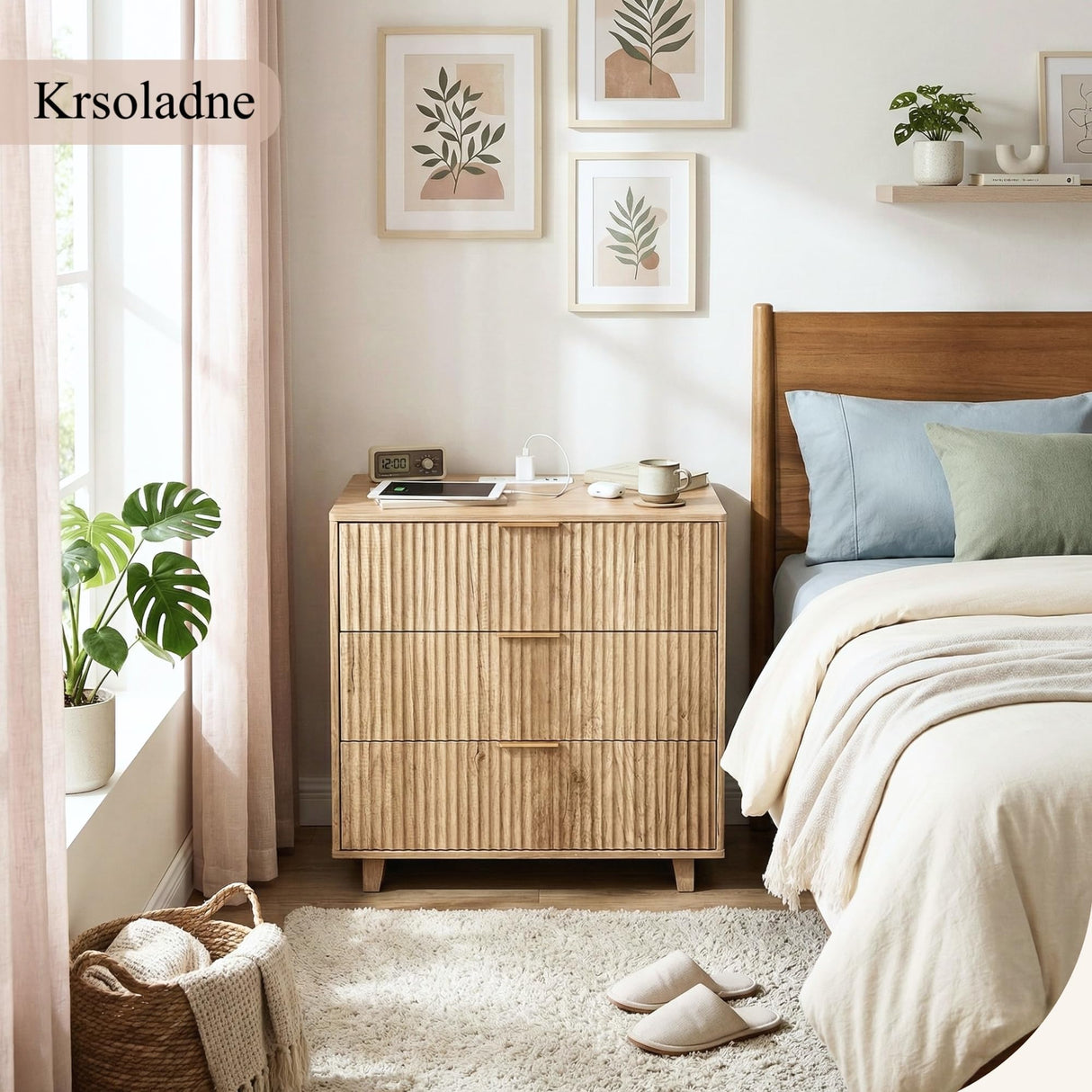 Krsoladne 3 Drawer Dresser for Bedroom - Mid Century Modern Style Wood Nightstand, Small Fluted Dresser for Bedroom and More Krsoladne