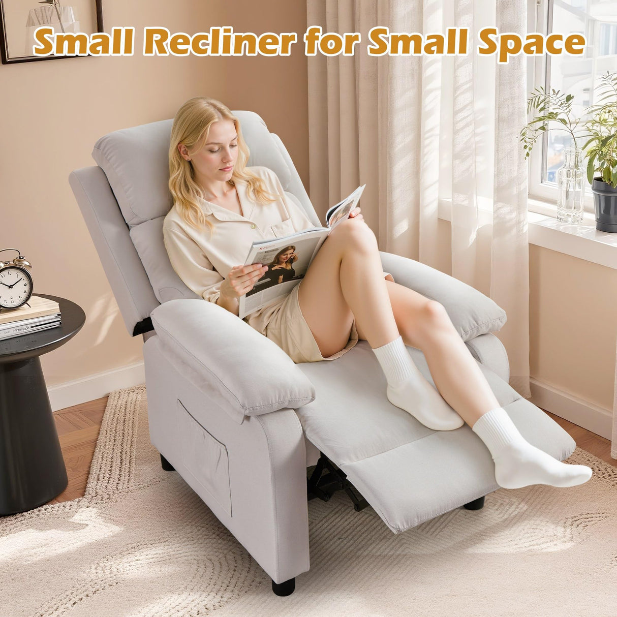 Korser Recliner Chair for Adults, Padded Deep Seat Reading Chair with Side Pockets, Small Recliners for Small Spaces, Adjustable Chair for Living Room, Bedroom, and RV (Linen) Korser