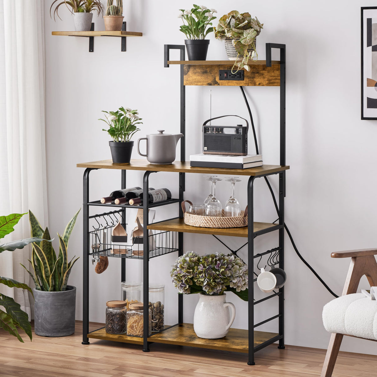 Yaheetech Kitchen Bakers Rack with Power Outlet, Coffee Bar Microwave Stand with Wire Basket and Wine Rack & 10 S-Hooks, Kitchen Island with Storage for Spices/Pots/Pans, Rustic Brown Yaheetech