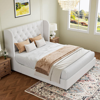 HOMBCK Full Size Bed Frame, Upholstered Bed Frame Full with Soft Curved Wings Velvet Tufted Headboard, Sturdy Wooden Slats Support, No Box Spring Required, Noise Free, Easy Assembly, White
