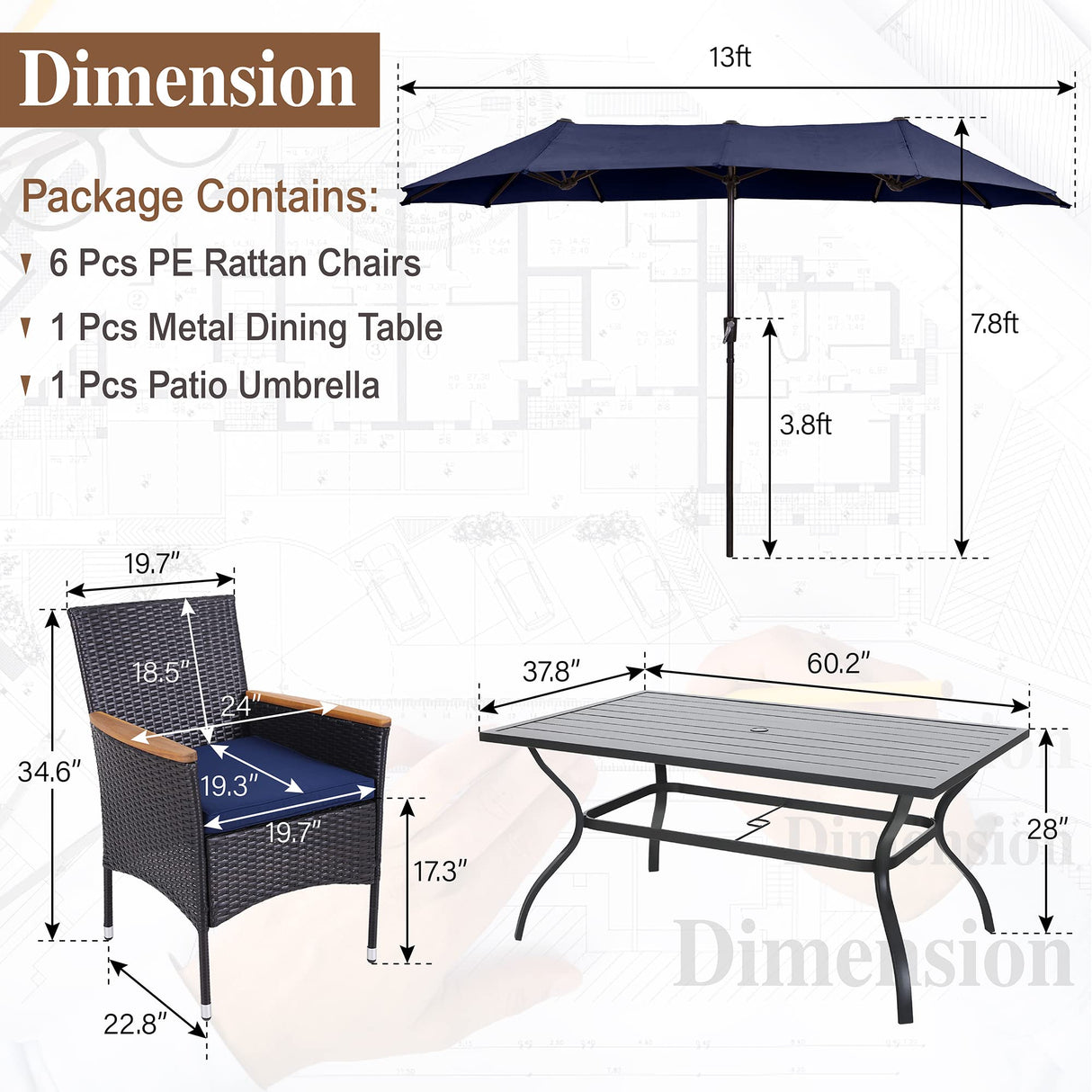 Sophia & William 7 Pieces Patio Dining Set with 13ft Navy Patio Umbrella, Outdoor Dining Set for 6 People, 60” Metal Patio Table and Rattan Chairs, Outdoor Patio Furniture with Seat Cushion Sophia & William