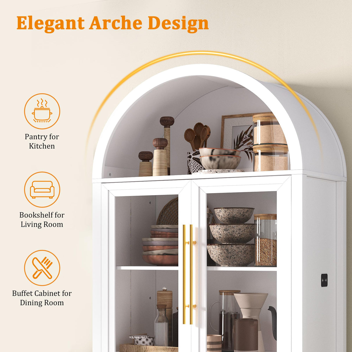 Dystler Arched Kitchen Pantry Cabinet with Glass Doors, Display Curio Case with 3 Color LED Lights for Collectibles, Modern 5-Tier Storage Hutch Cabinet, White Dystler