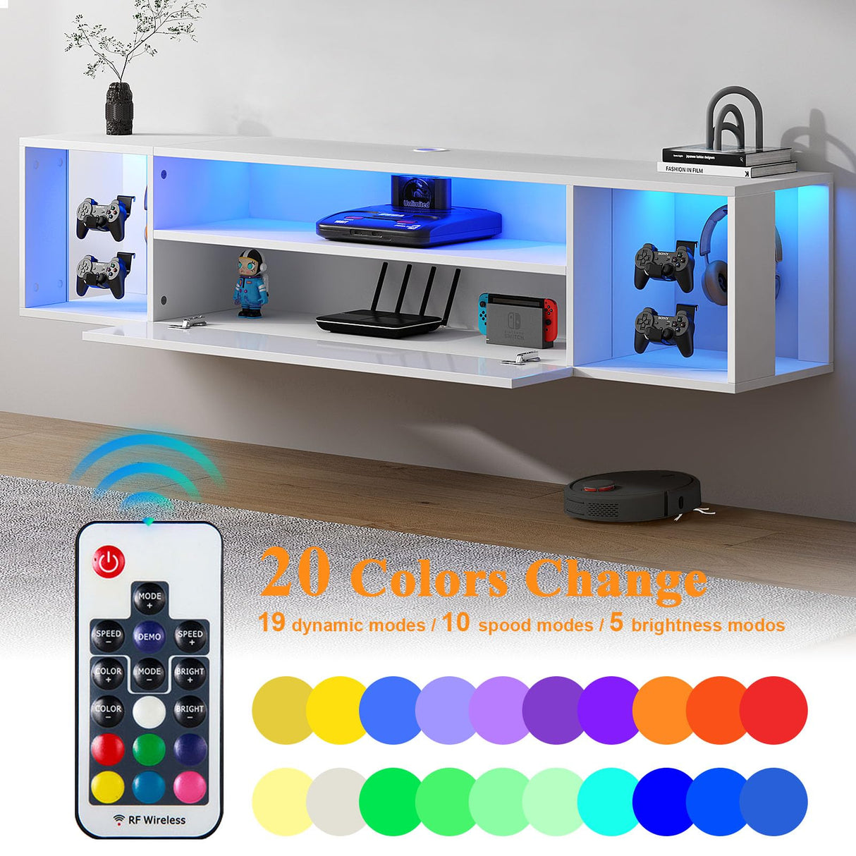 SogesPower Floating TV Stand Wall Mounted with Lights,LED TV Stand Floating Entertainment Center with Storage for Bedroom Living Room,Modern Floating Shelf for Under TV,White 55" SogesPower