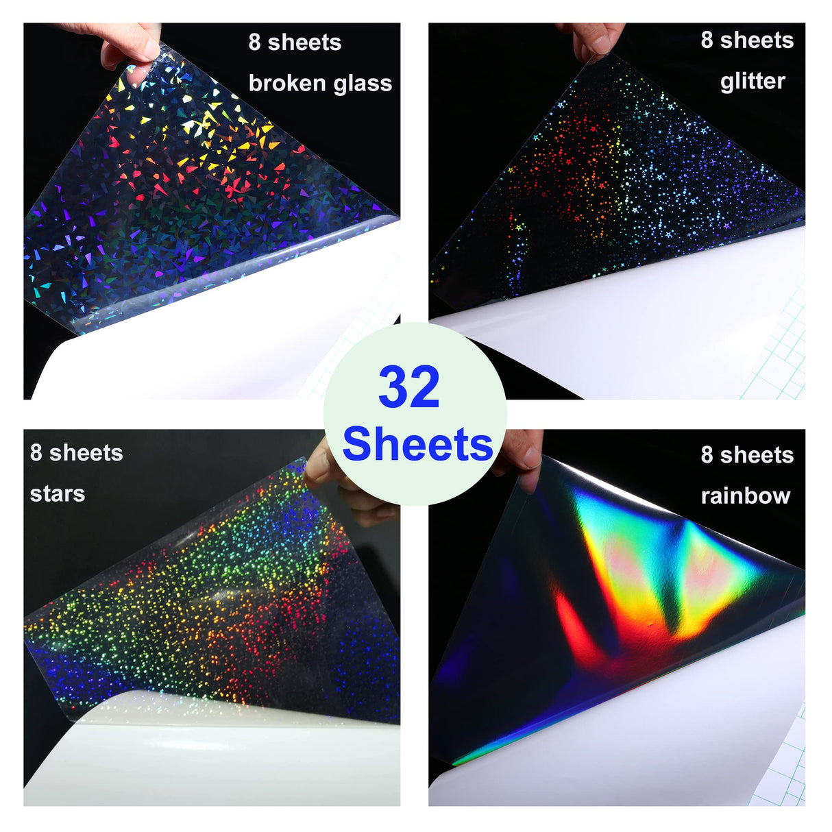 32 Sheets Holographic Sticker Paper Clear Vinyl Self Adhesive Waterproof Rainbow Transparent Overlay Film A4 Size Holographic Overlay with 4 Styles Mixed Bleidruck