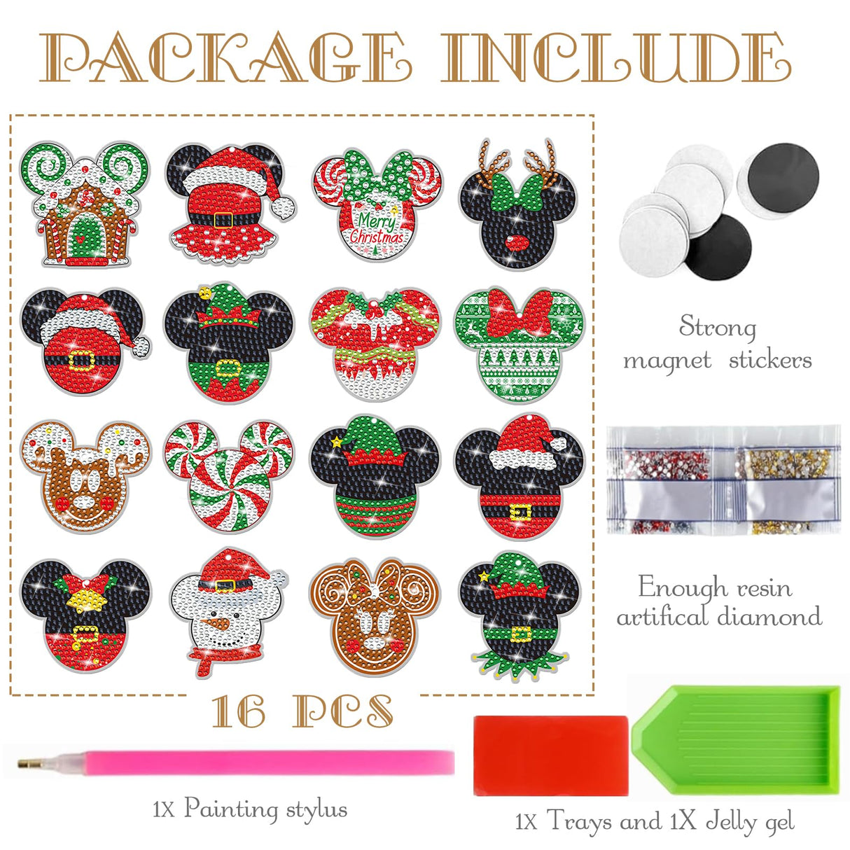 RiVolTa Christmas Diamond Art Kits - 16 Pcs Mouse Head Painting Magnets Refrigerator Cute Snowman Santa Claus Magnetic Stickers Dotz Ornaments for Adults Kids DIY Crafts Xmas Fridge Home Decals Decor RiVolTa