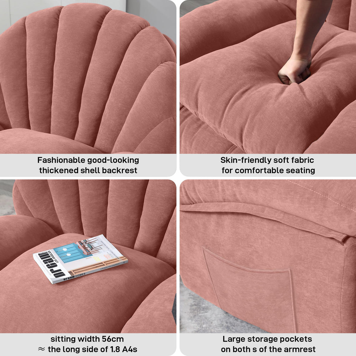 HOMYEDAMIC Recliner Chair Rocker Swivel, Comfortable Soft Fabric Shell Shape with Storage 360 Swivel Manual Big Tall Single Reclining Sofa for Adults Living Room Bedroom (NMH-Pink) HOMYEDAMIC