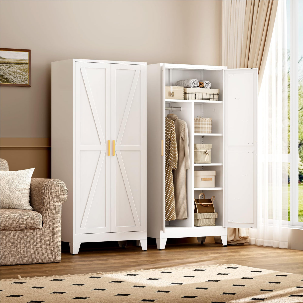 YAUWOH Farmhouse Wardrobe Cabinet,Metal Wardrobe Closet with Hanging Rod,Metal Armoire with Adjustable Shelves for Bedroom,Living Room, Cloak Room,Office (White) YAUWOH