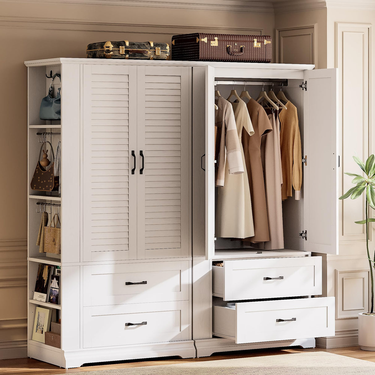 IRONCK Armoire Wardrobe Closet, 70.87" H Wooden Bedroom Armoire with 2 Louvered Doors, 2 Drawers and Shelves, Large Freestanding Clothing Storage Cabinet, White IRONCK