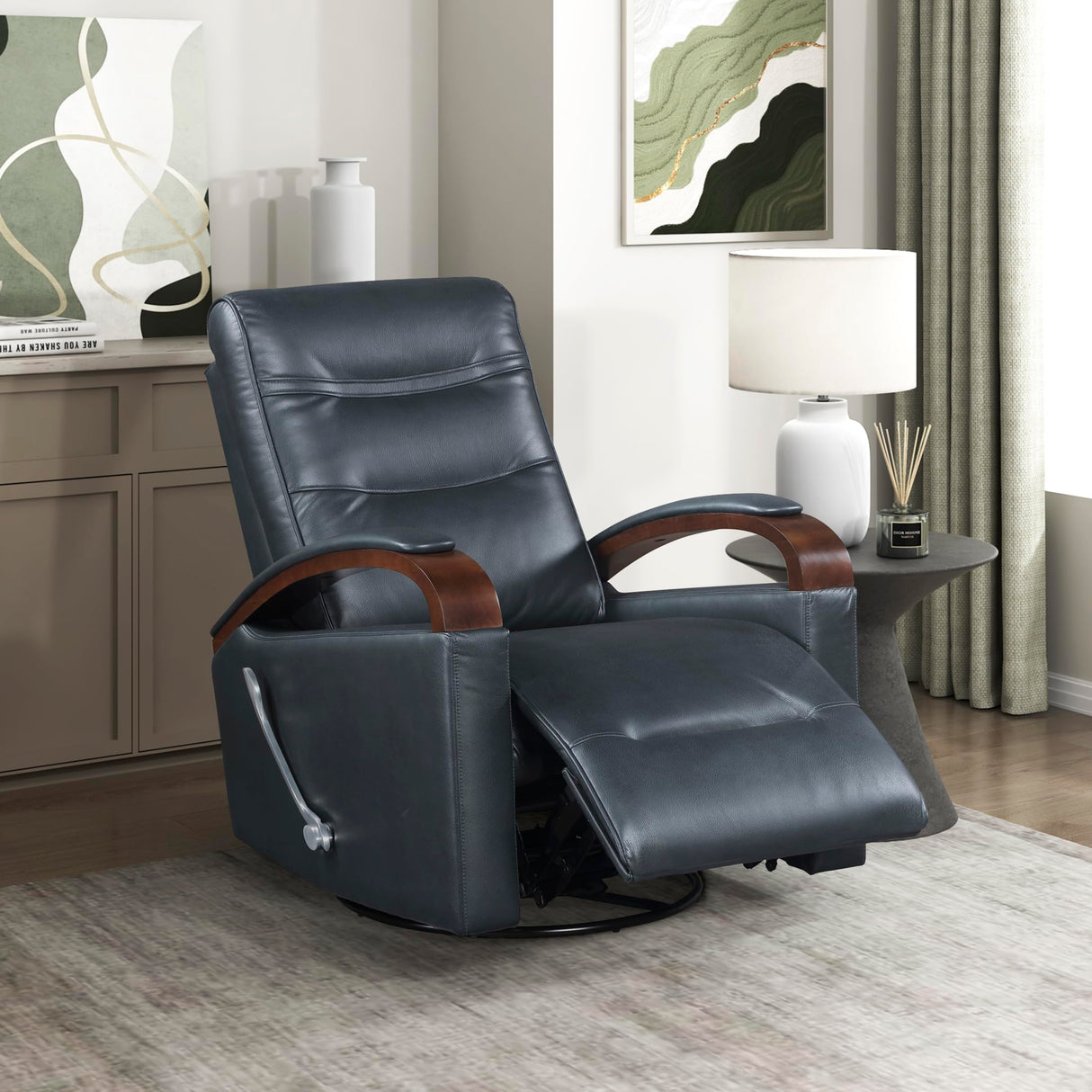 Lexicon 360 Degree Swivel Glider Reclining Chair, Breathable Faux Leather Manual Recliner, Comfy Nursery Glider Recliner, Swivel Reclining Chair for Living Room/Office/Bedroom/Apartment, Dark Blue Lexicon