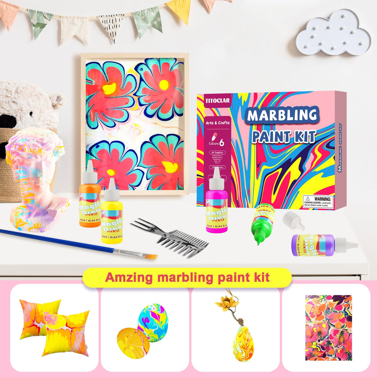 Titoclar Water Marbling Paint for Kids, Art Supplies for Kids,Arts and Crafts for Girls Boys Ages 8-12 6-8 3-5, Birthday Gifts Toys for Girls 3+ Years Old Titoclar