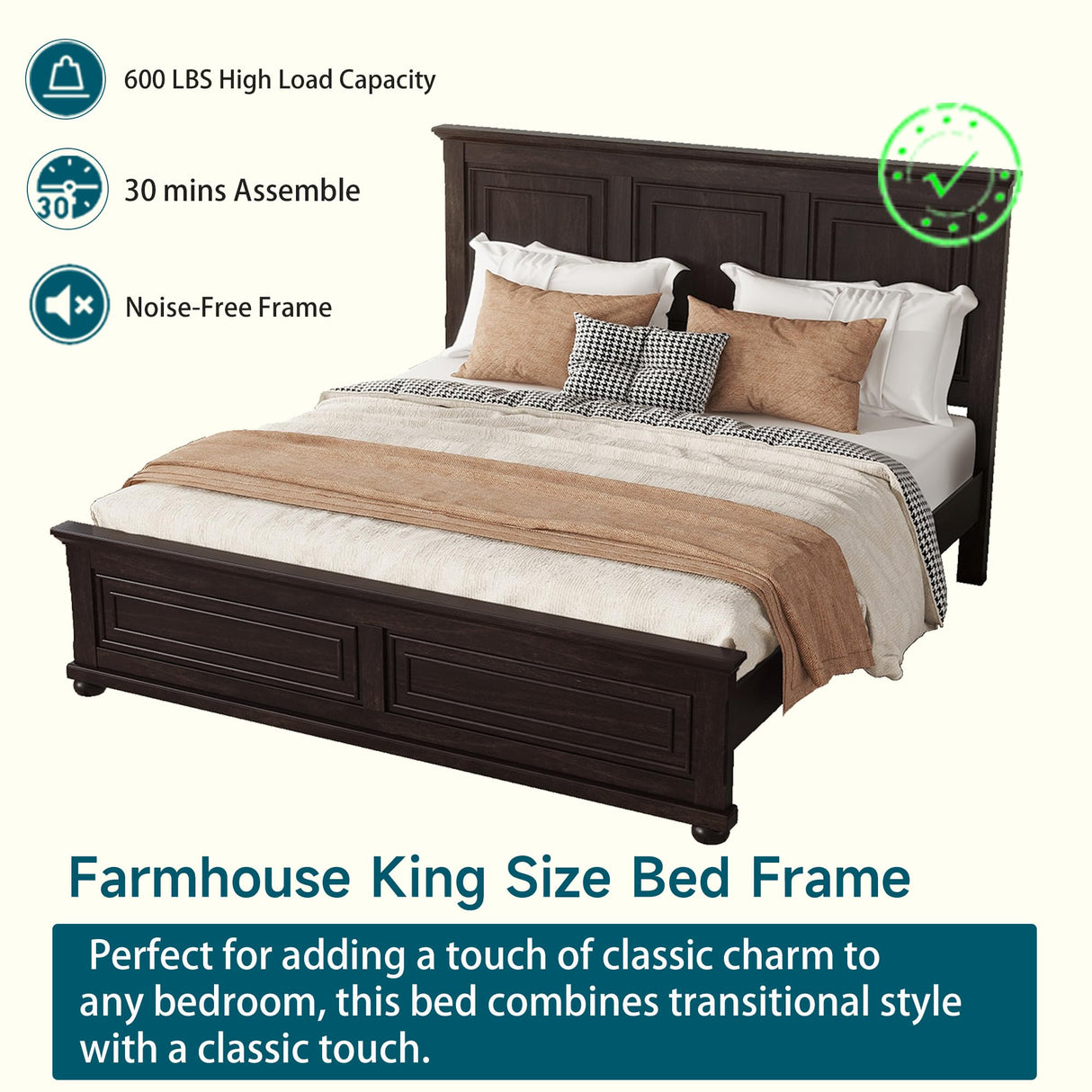 Mirightone Farmhouse King Bed Frame with Tall Headboard, Wood Platform Bed and Footboard, Mid-Centery Rustic King Panel Beds with Slats Support, No Box Spring Needed, Rustic Brown Mirightone