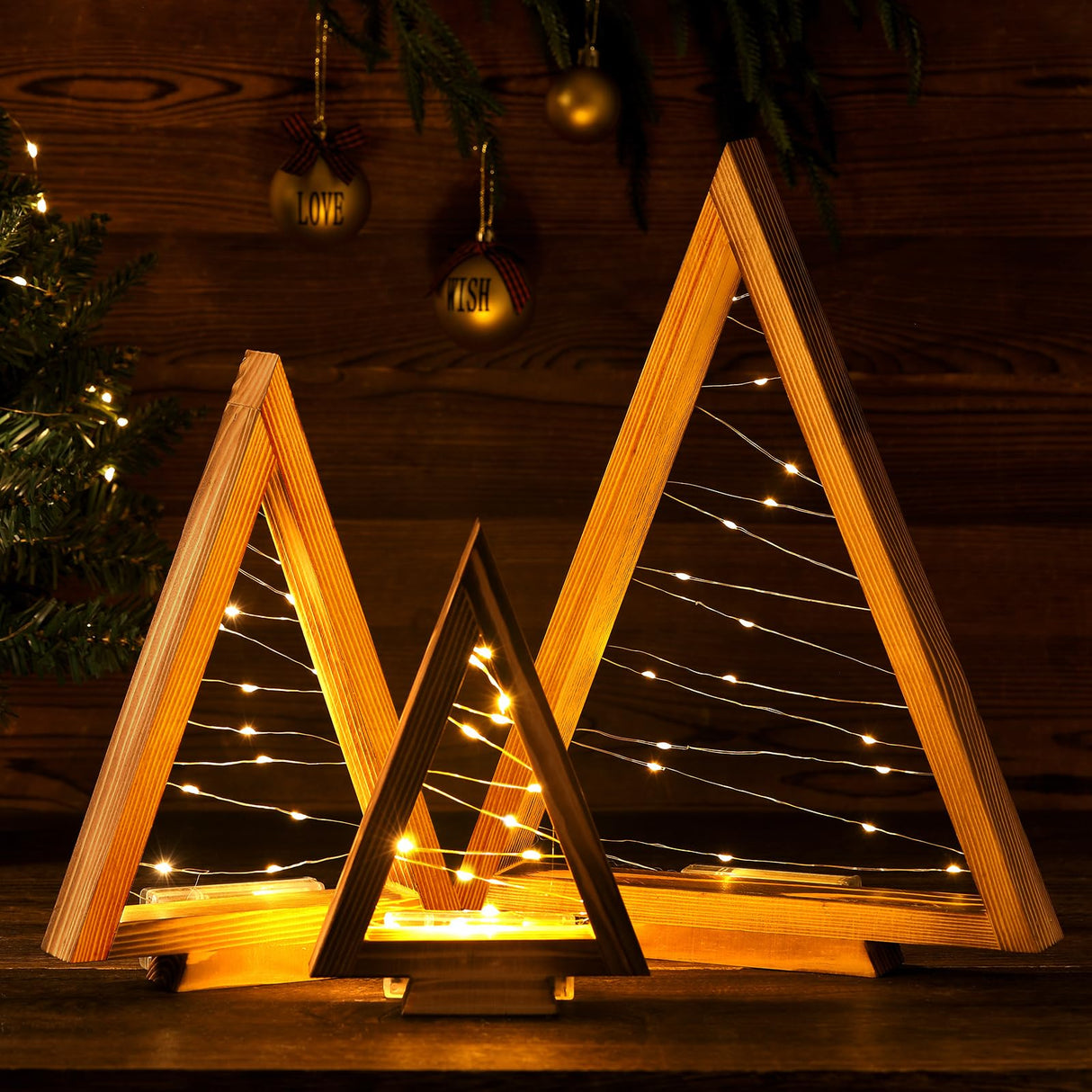 Tujoe 3 Pcs Wood Christmas Tree with Lights Modern Rustic Farmhouse Lighted Tabletop Christmas Tree for Home Table Fireplace Mantle Shelf Christmas Holiday Decor (Large 13.3",Medium 9.5",Small 7.2") Tujoe