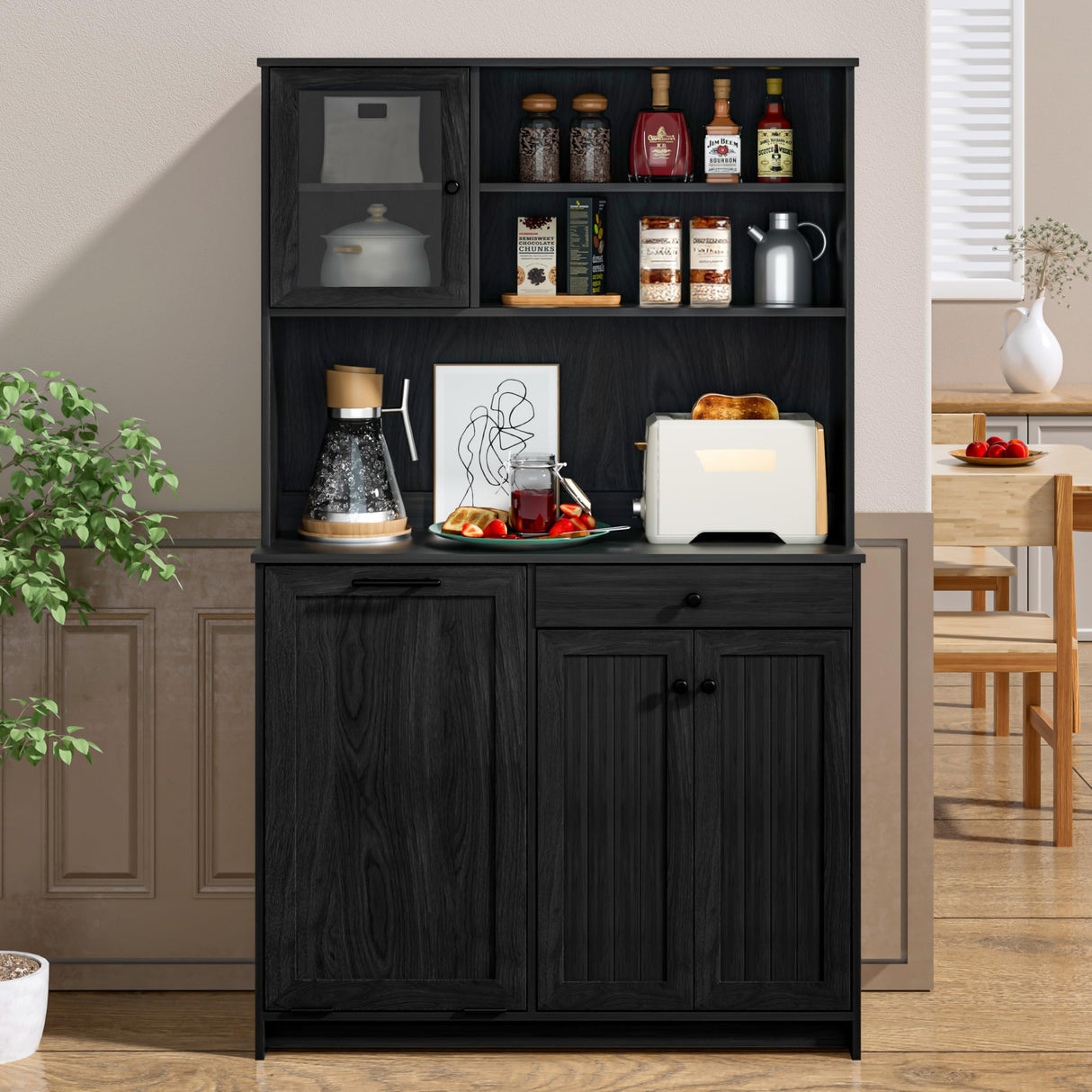 UpWiew Tilt Out Cabinet with Deodorising Function, Freestanding Kitchen Pantry Fits 10-Gallon Trash Can, Kitchen Hutch Cabinet with Microwave Shelf, Tall Storage Cabinet, Black UpWiew