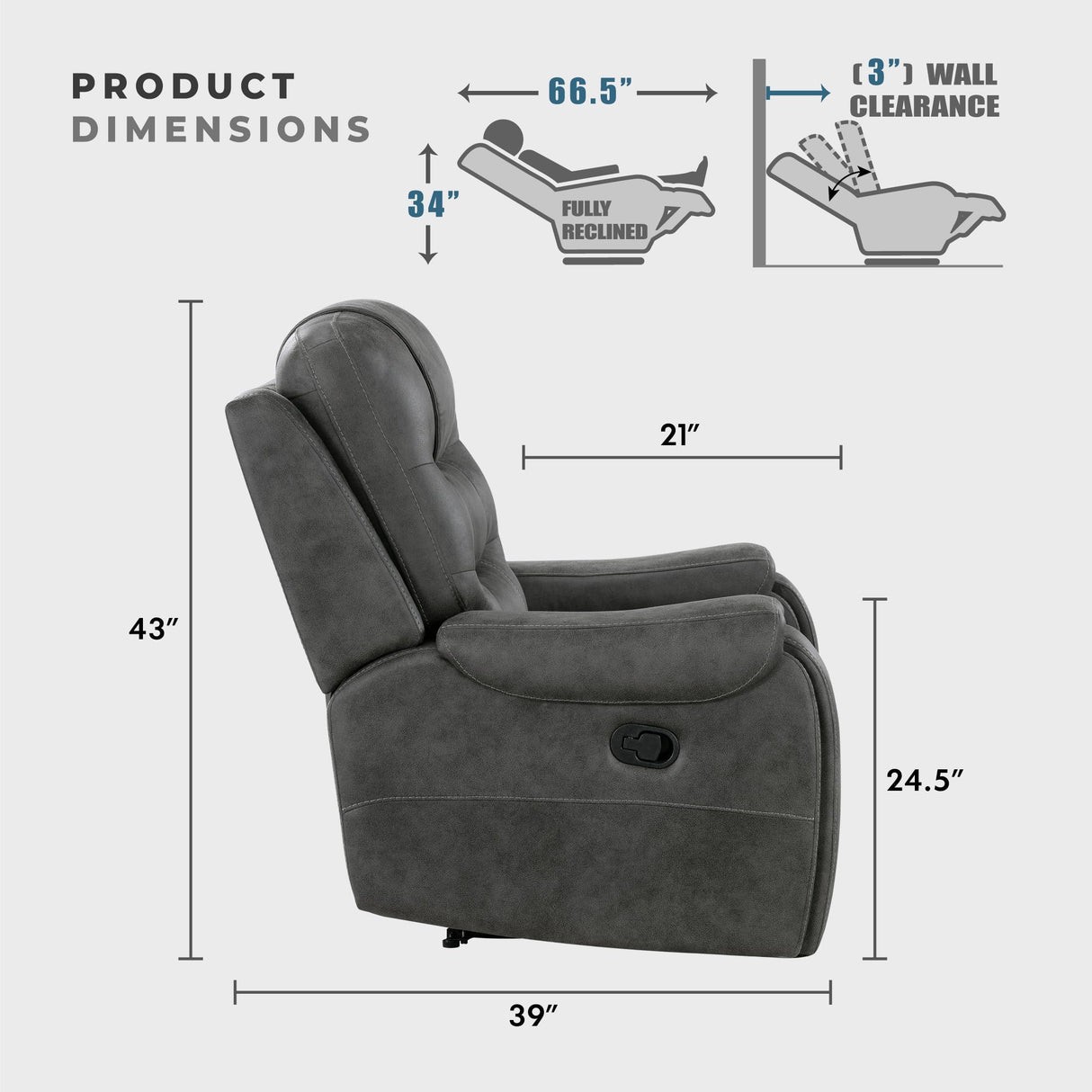 Lexicon Manual Recliner Chair, Home Theater Seating Recliner Armchair, Polished Microfiber Wall Hugger Manual Reclining Sofa Chair for Living Room/Office/Apartment, Dark Gray Lexicon