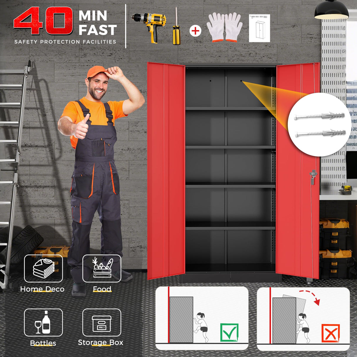 Pataku Metal Storage Cabinet, 71" Garage Cabinet with Doors and Shelves Lockable Steel Multifunctional Cabinet, Tool Cabinet for Garage, File Cabinet for Home, Office, Warehouse(Black Red) Pataku