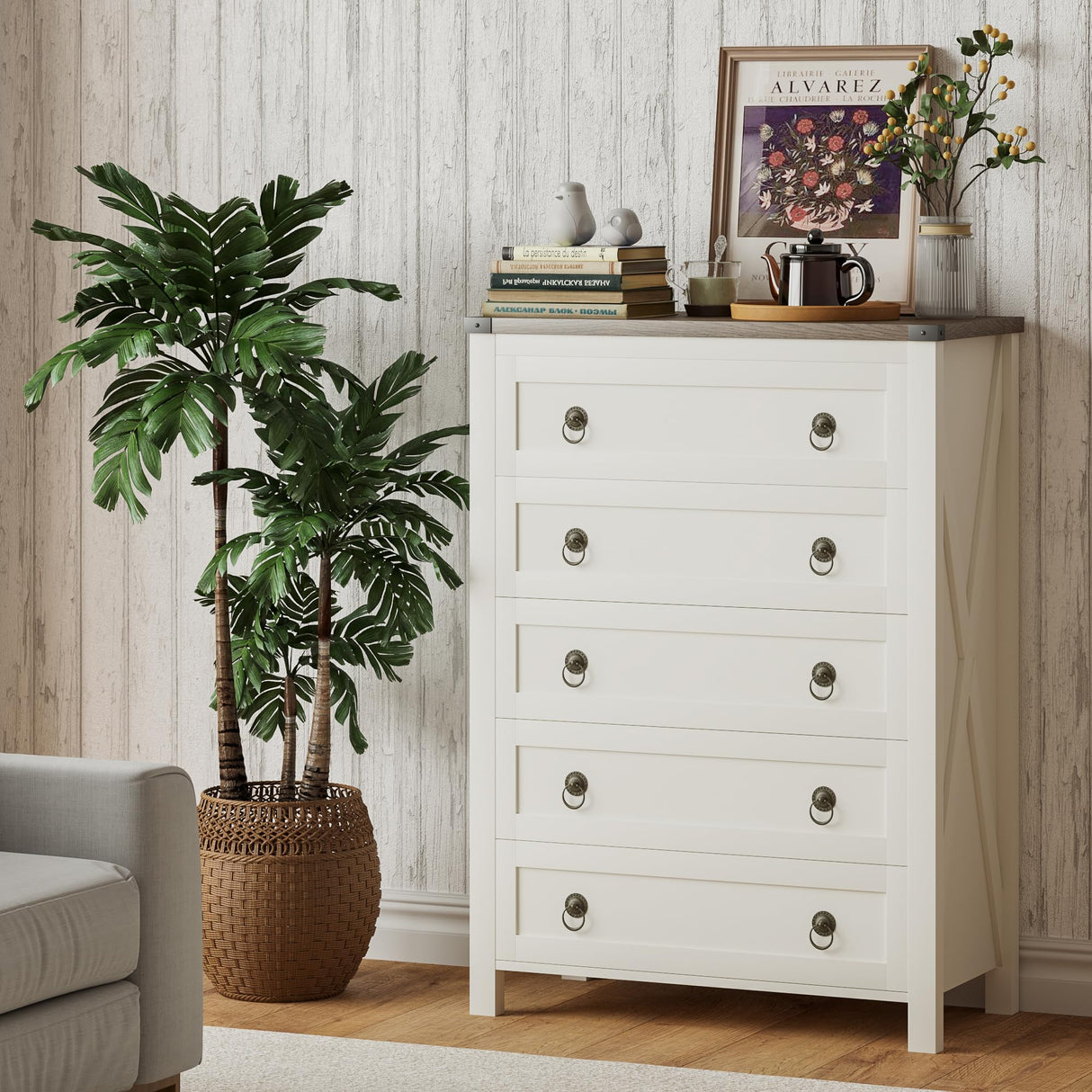 ChooChoo Farmhouse 5 Drawer Dresser, Tall Wood Dresser for Bedroom, Rustic Chest of Drawers, Storage Cabinet with Drawers for Living Room, Entryway, White ChooChoo