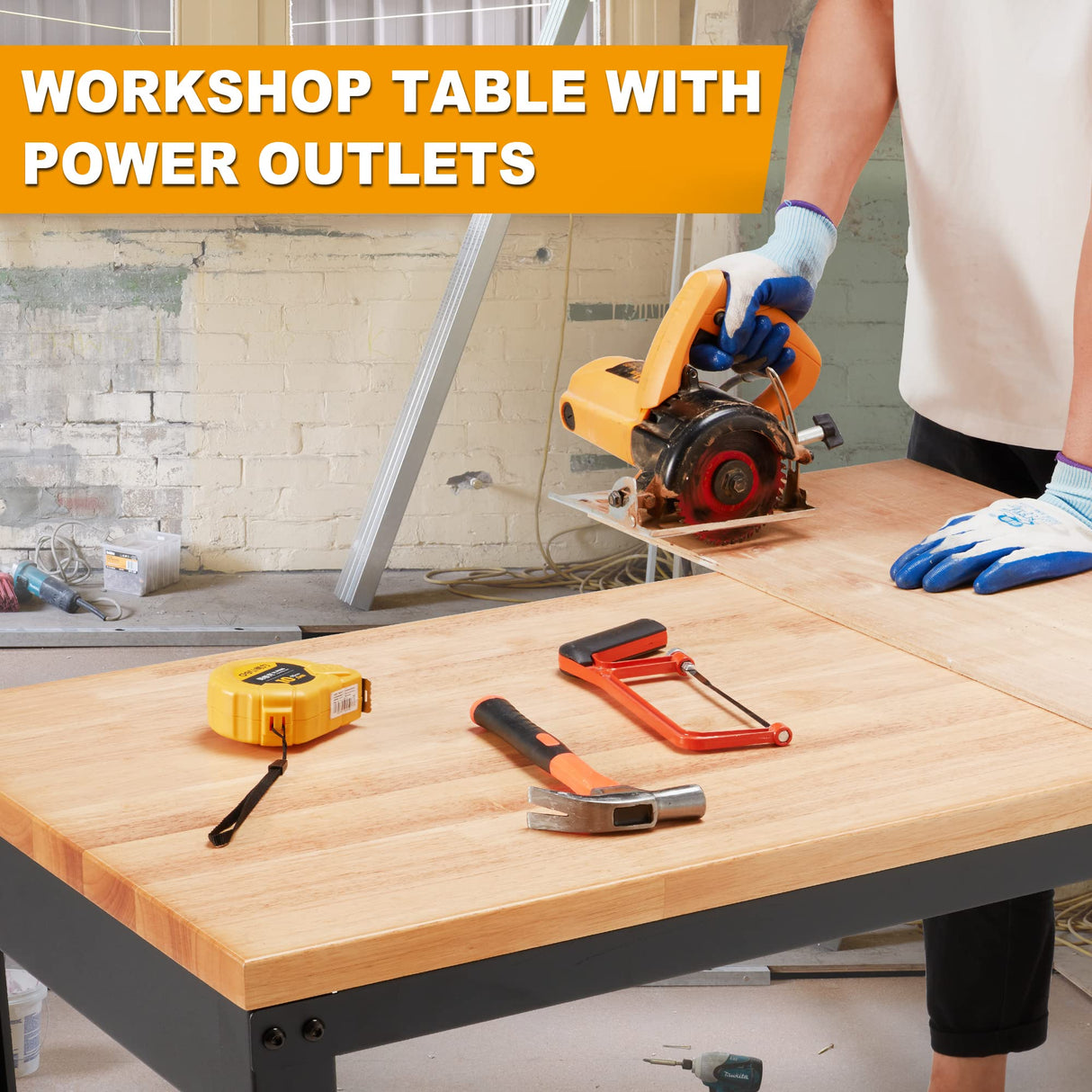 AHB 60" Workbench Adjustable Height, Oak Wood Work Table with Power Outlets, Max 2000 LBS, Heavy Duty Work Bench for Garage Party Shop Office AHB