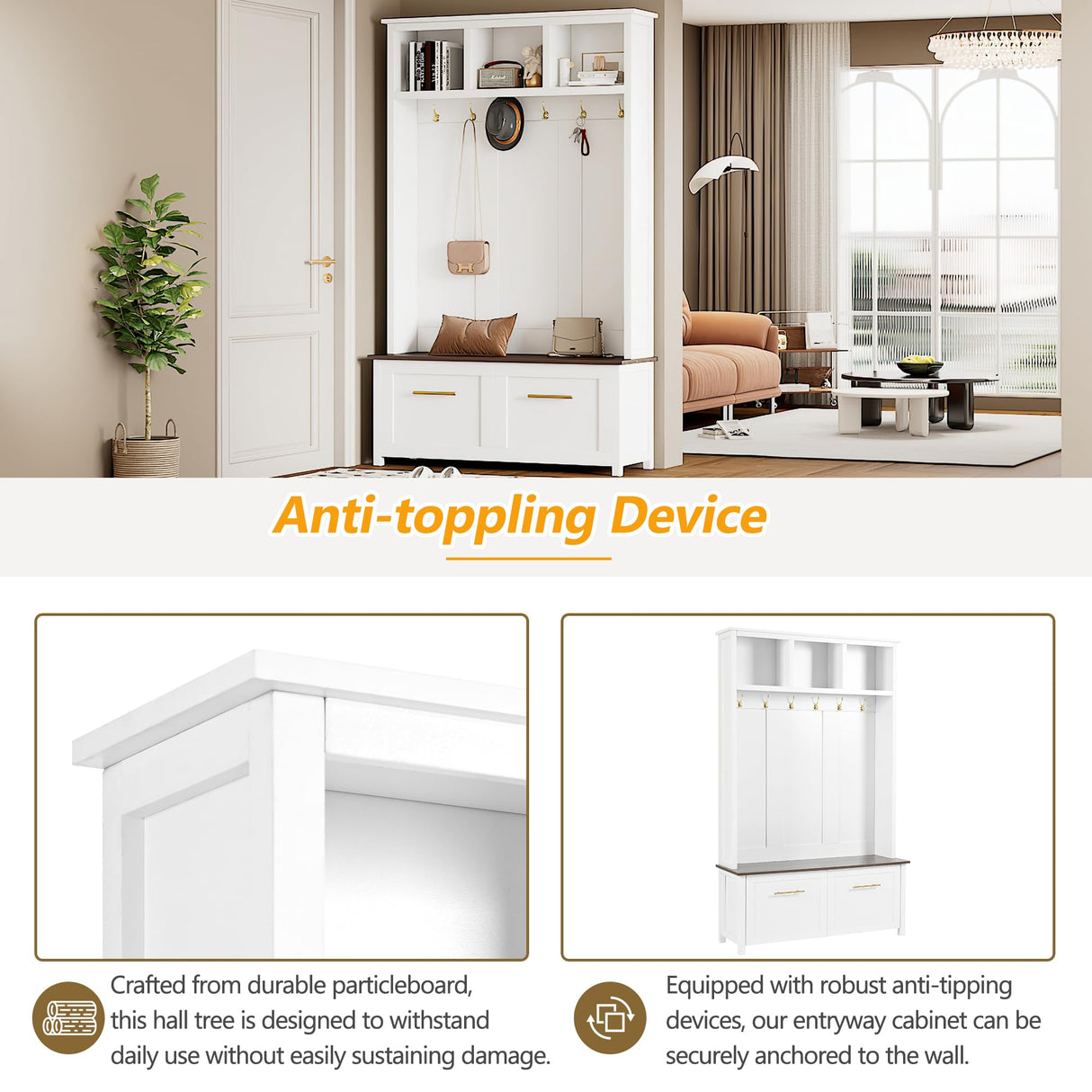 Merax 47" Farmhouse Wood Hall Tree with Bench, Entryway Coat Rack with 6 Golden Hooks& Open Shelf, Brown Wood Grain Bench with 2 Drawers, White 47.2''W*76.6''H Merax