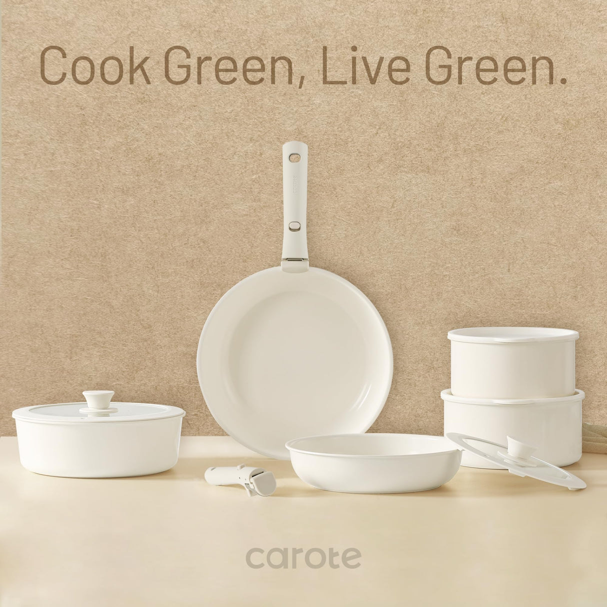 CAROTE 15pcs Ceramic Cookware Set, Pots and Pans Set Non Stick, Induction Kitchen Cookware Sets, Non Stick RV Cookware Set with Detachable Handle, Dishwasher/Oven Safe Cookware Set, Cream White CAROTE