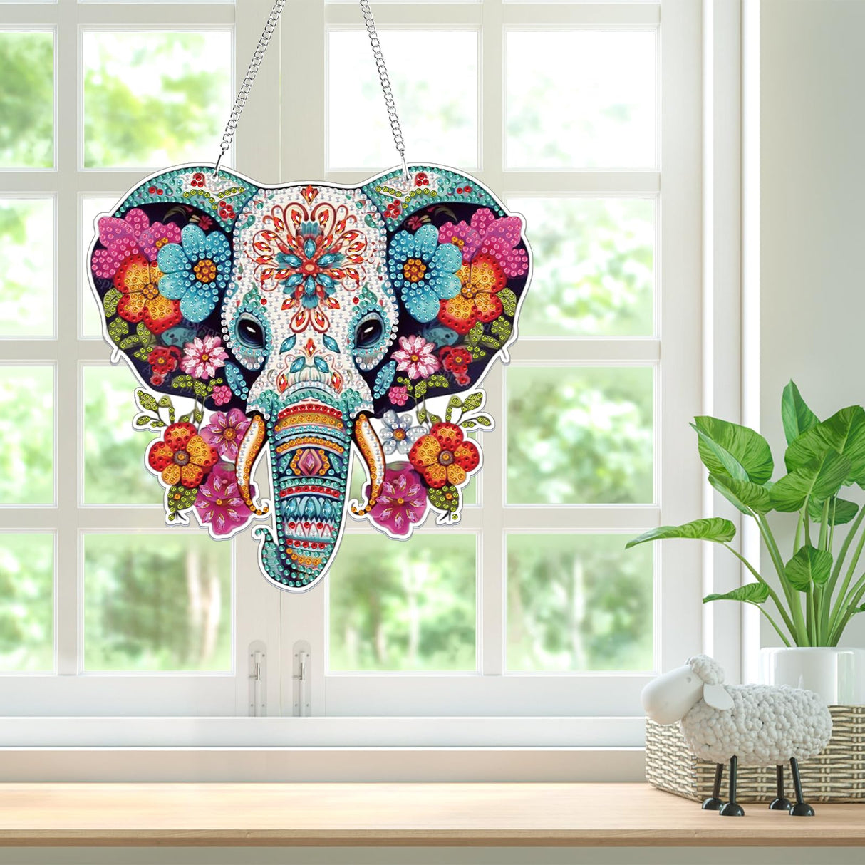 Bowetile Elephant Diamond Art Hanging Kits for Adults Kids, 5D Special Shape Diamond Painting Flowers Pendant Kits, Animal Gem Art Suncatchers Painting Ornament for Home Garden Wall Decor Bowetile