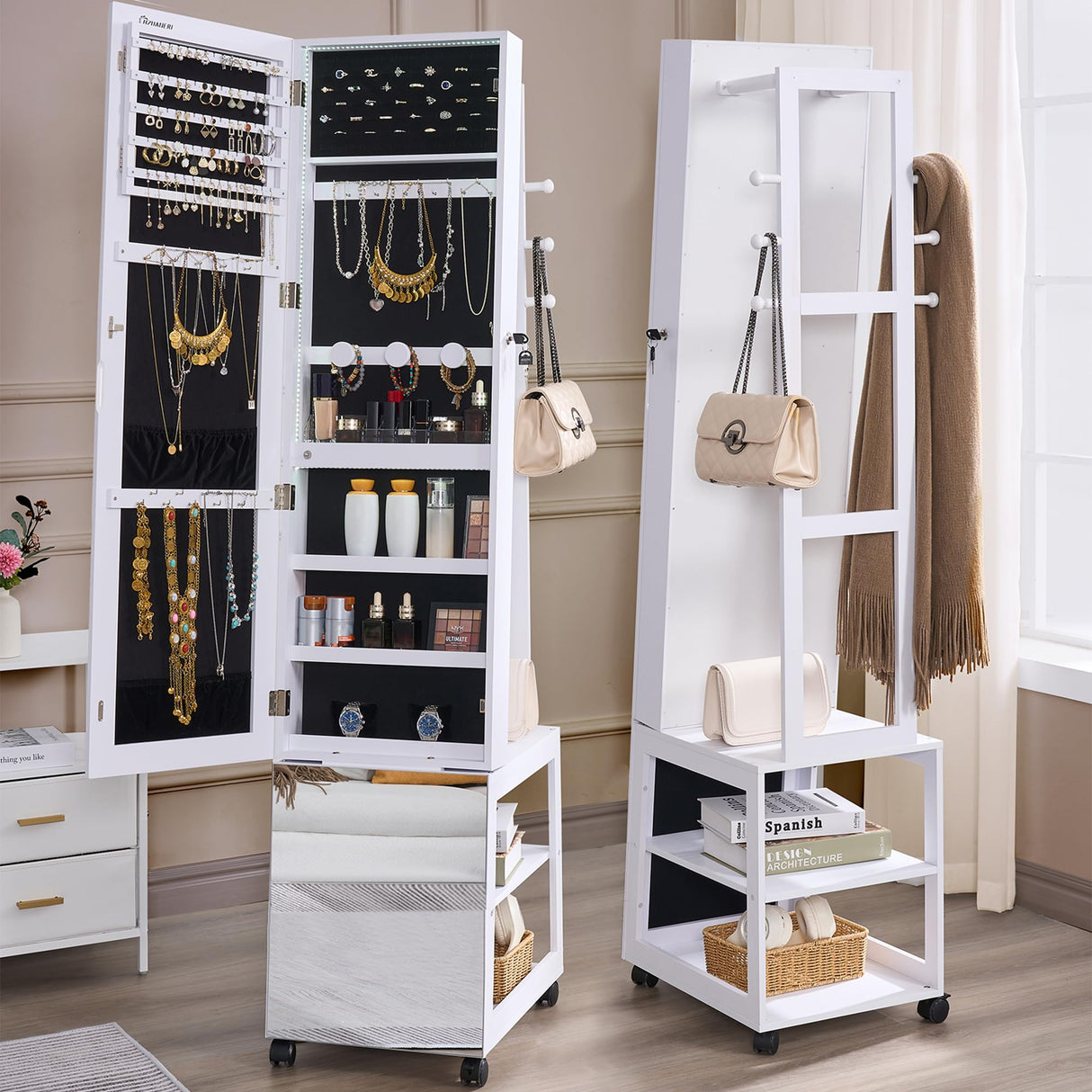 Hzuaneri Jewelry Cabinet with Light strip, 66.5-inch mirror Jewelry Armoire Standing with Garment Rack,Movable Full-length Mirror with Hzuaneri