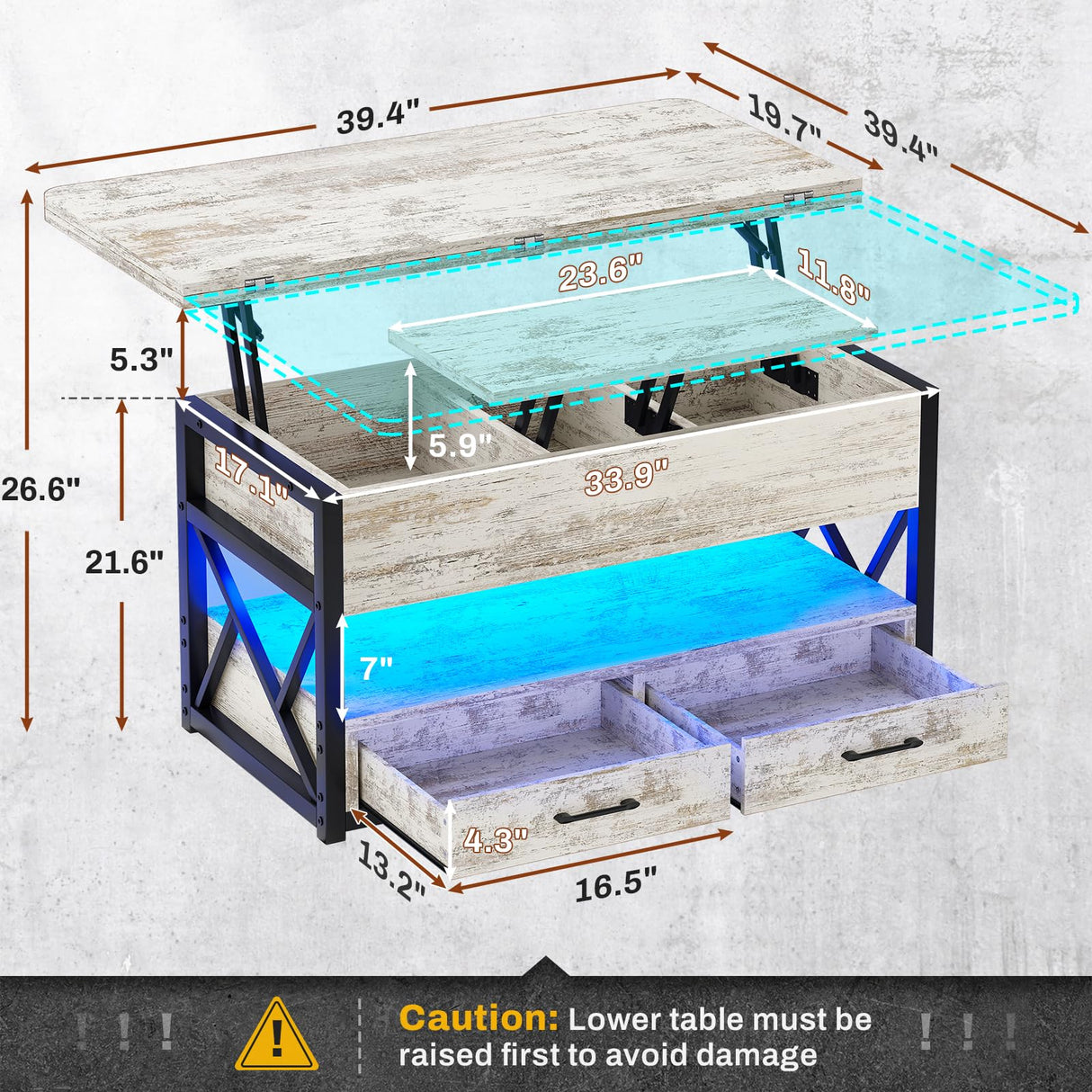 Itaar 40" Lift Top Coffee Table, 4 in 1 White Coffee Tables with Storage for Living Room, Small Coffee Table with 2 Drawers & LED Light for Dining Room, White Itaar