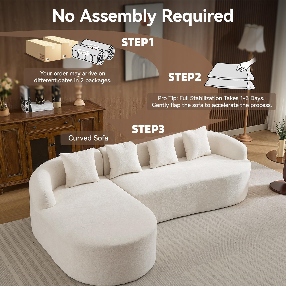 104.3" Boneless Curved Couch, l Shaped 4-Seater Cloud Couch with Deep Seat Chaise, Oversized Curved Sofa, Chenille Modular Sectional Couches for Living Room, No Assembly, Beige Abbrevi