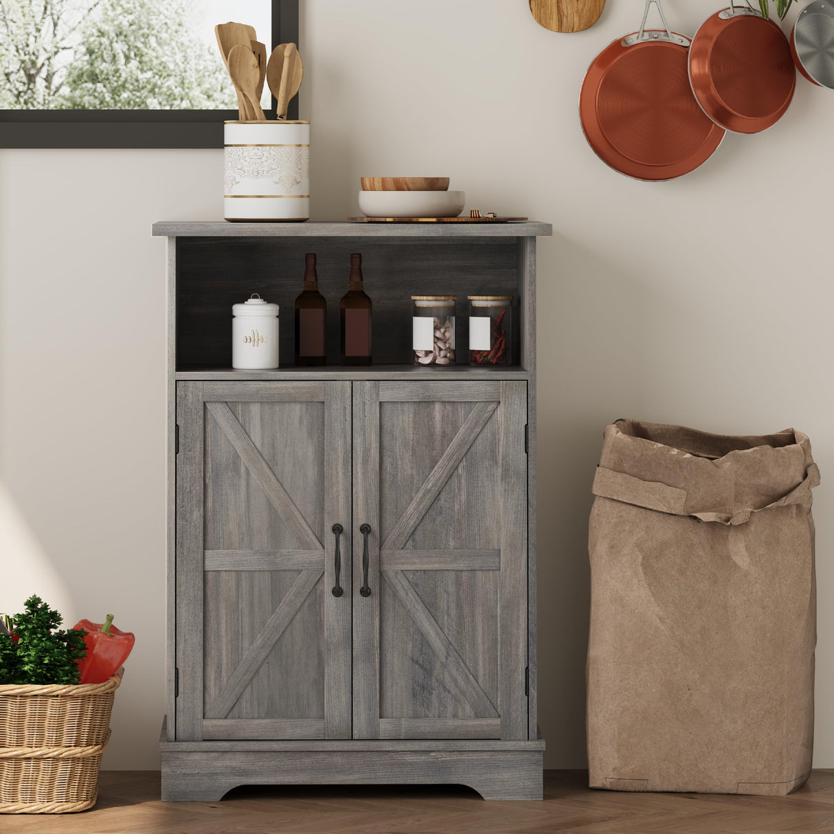 Smuxee Farmhouse Freestanding Cabinet Organizer with Barn Door and Adjustable Shelf, Wash Grey, for Bathroom, Kitchen, Living Room Smuxee