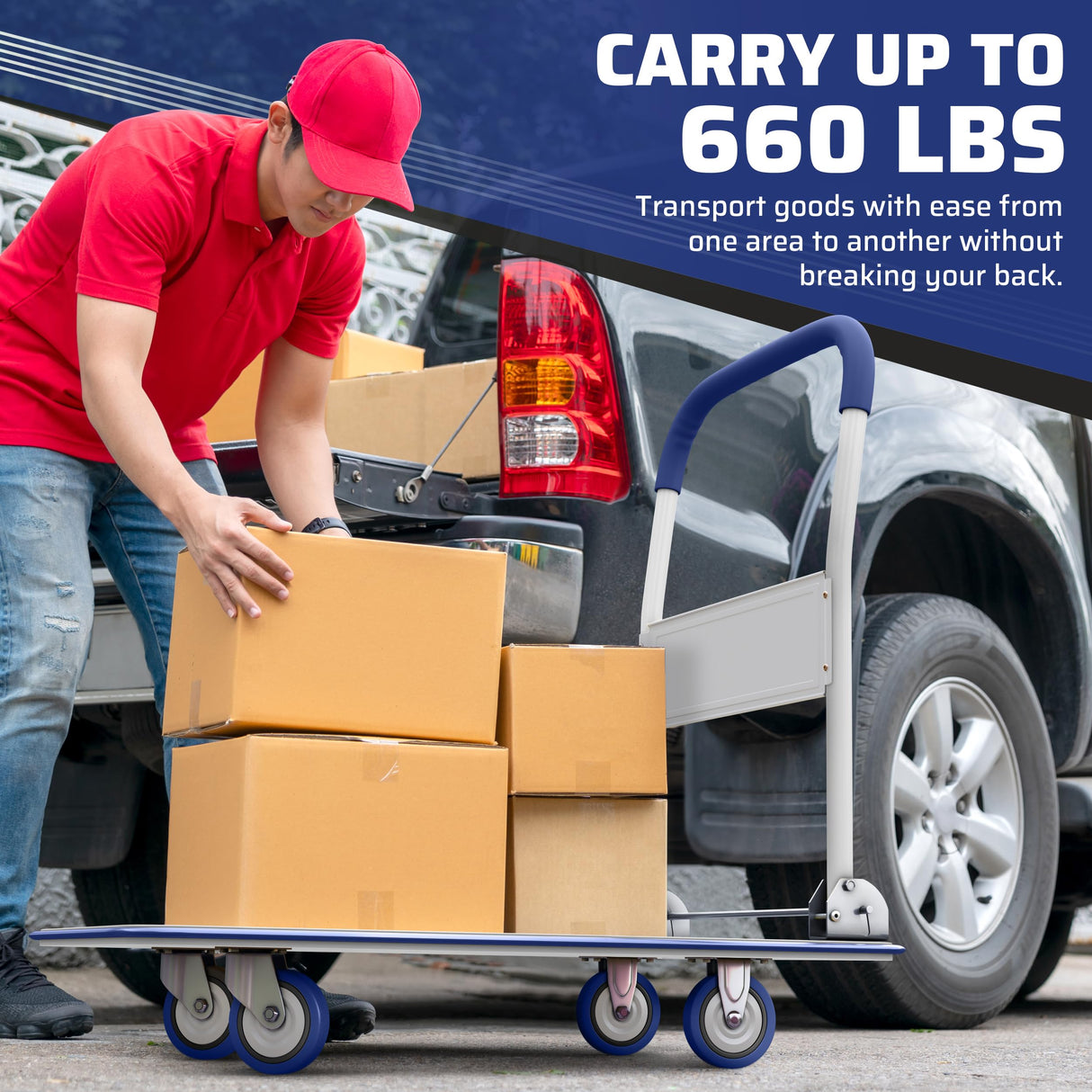 Upgraded Foldable Push Cart Dolly | 660 lbs. Capacity Moving Platform Hand Truck | Heavy Duty Space Saving Collapsible | Swivel Push Handle Flat Bed Wagon - Blue Lifetime Appliance Parts