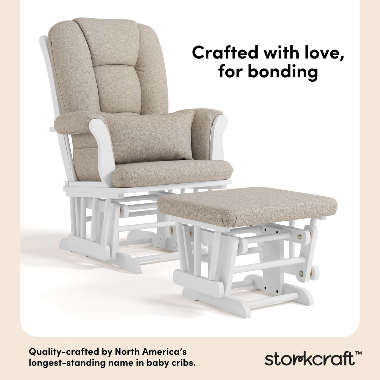 Storkcraft Tuscany Custom Glider and Ottoman with Free Lumbar Pillow (White/Taupe Swirl) - Cleanable Upholstered Comfort Rocking Nursery Chair with Ottoman Storkcraft