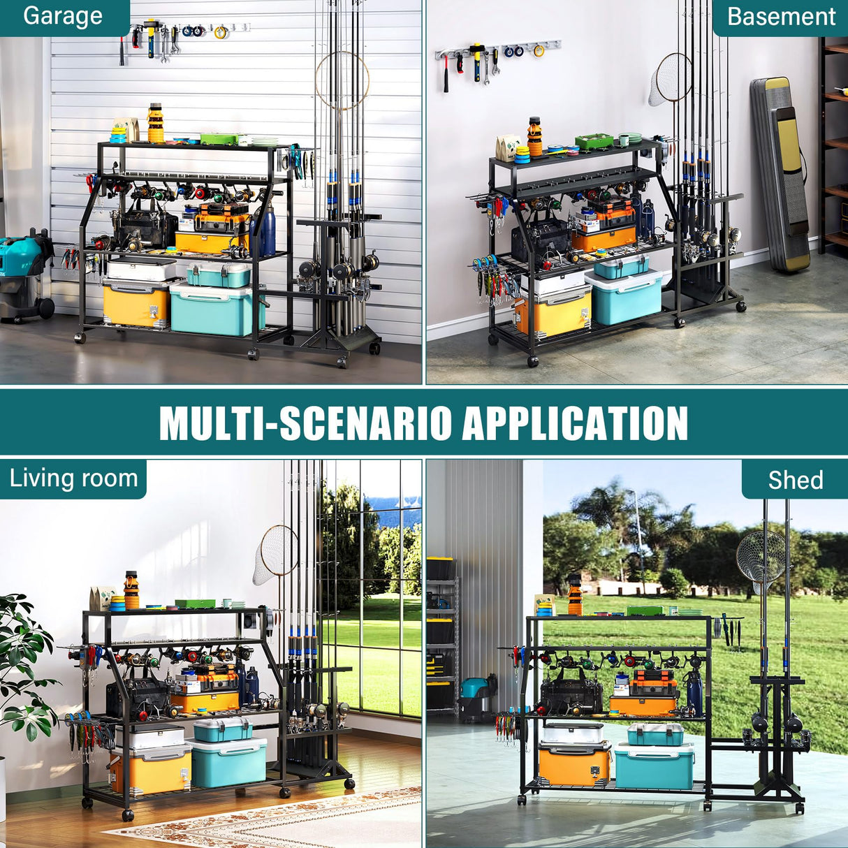 TC-HOMENY Large Fishing Rod Holders for Garage Fits for 12 Rods, 4-Tier Fishing Pole Rack Cart with Enlarged Shelves, Fishing Gear Tackle Organizer Storage Cart with Wheels for Garage, Outdoor, Black TC-HOMENY