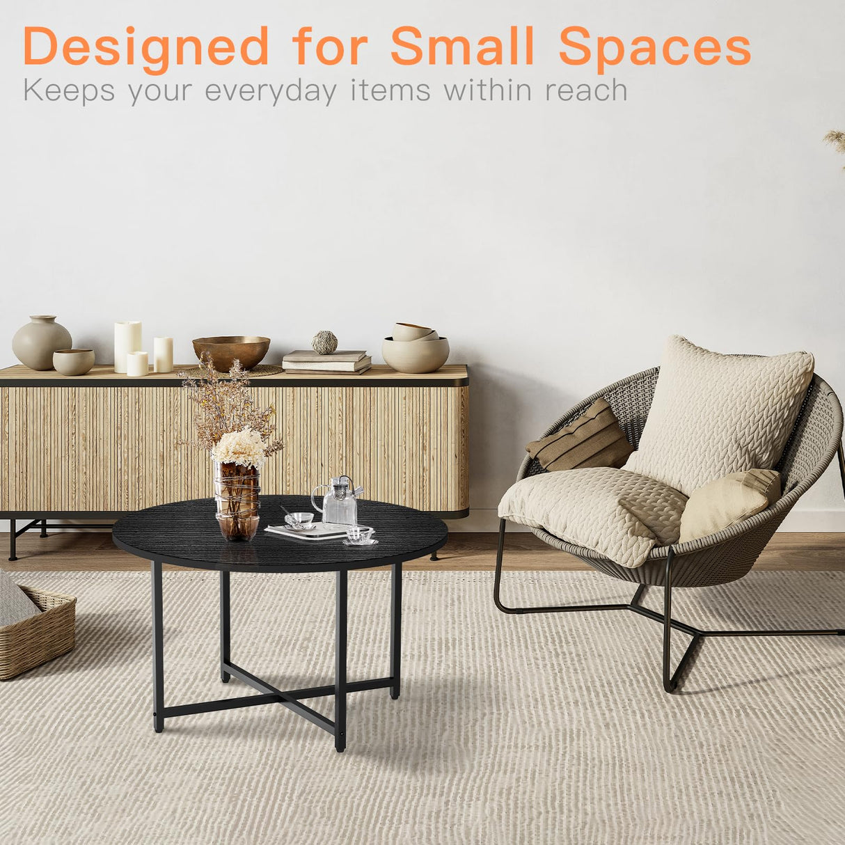 FAMIDGE Coffee Table, 23.6" Coffee Tables for Living Room, Round Coffee Table with Metal Frame, Floor Table for Sitting on The Floor, Home, Office, Black FAMIDGE