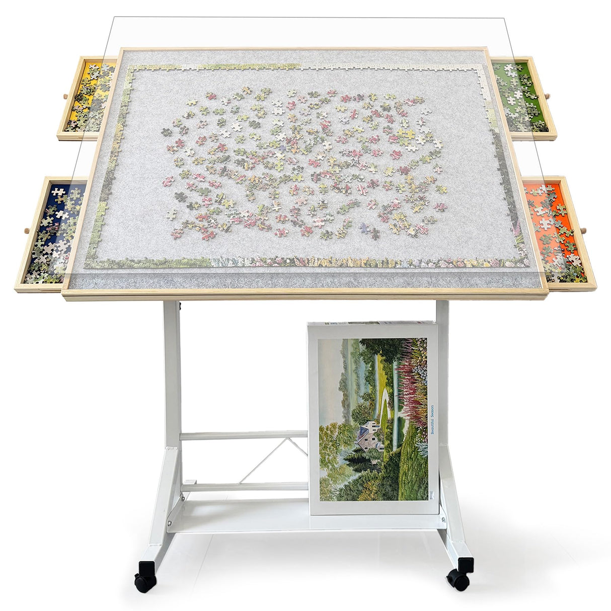 ZZJIHAI 1500 Piece Jigsaw Puzzle Table with Drawers, Adjustable Wooden Rotating Puzzle Board with Legs and Cover, Portable Large Movable Puzzles Tables with Wheels & Storage for Adults ZZJIHAI
