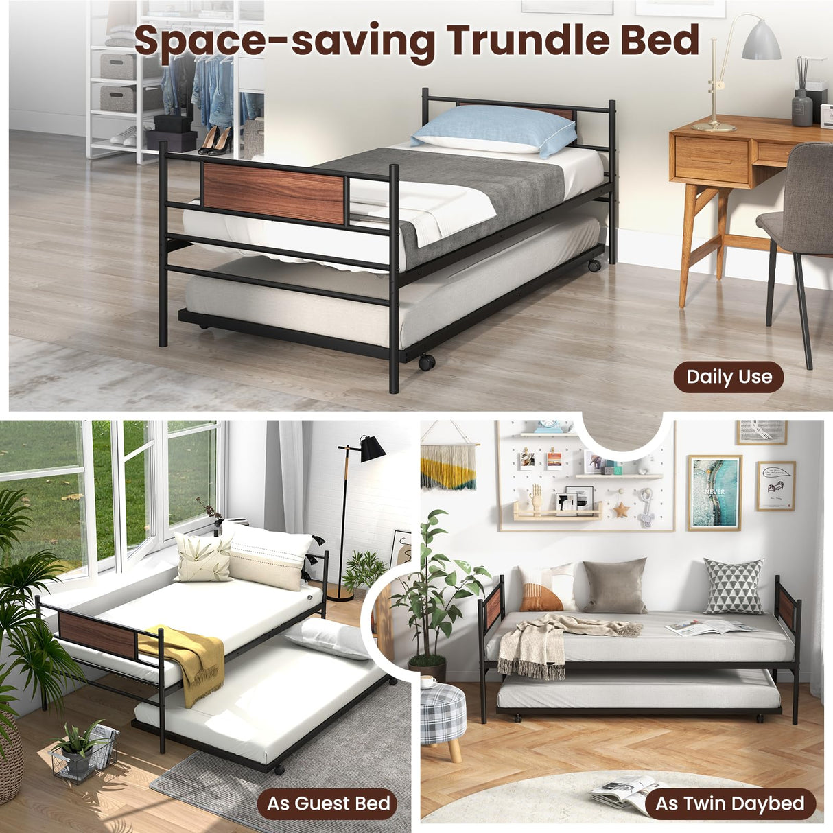 Giantex Metal Daybed with Trundle, Twin Size Day Bed with Wood Grain Headboard & Metal Slat Support, Space-Saving Trundle Sofa Bed for Living Room Guest Room, Easy Assembly, No Box Spring Needed Giantex
