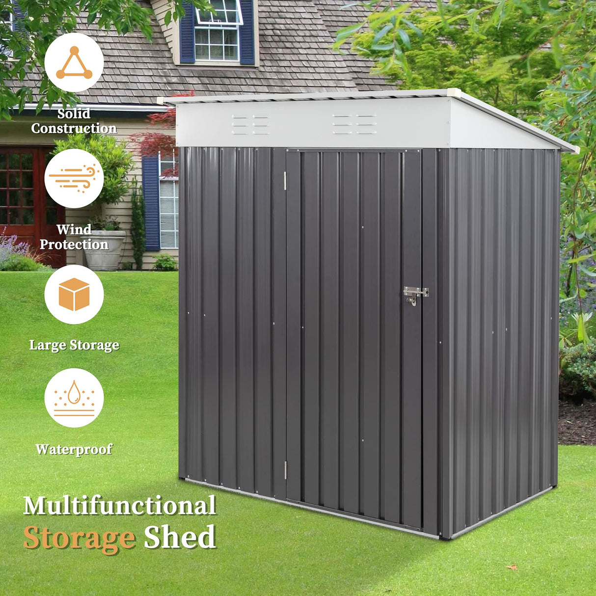 Vongrasig 5 x 3 x 6 FT Outdoor Storage Shed Clearance with Lockable Door Metal Garden Shed Steel Anti-Corrosion Storage House Waterproof Tool Shed for Backyard Patio, Lawn and Garden (Dark Gray) Vongrasig