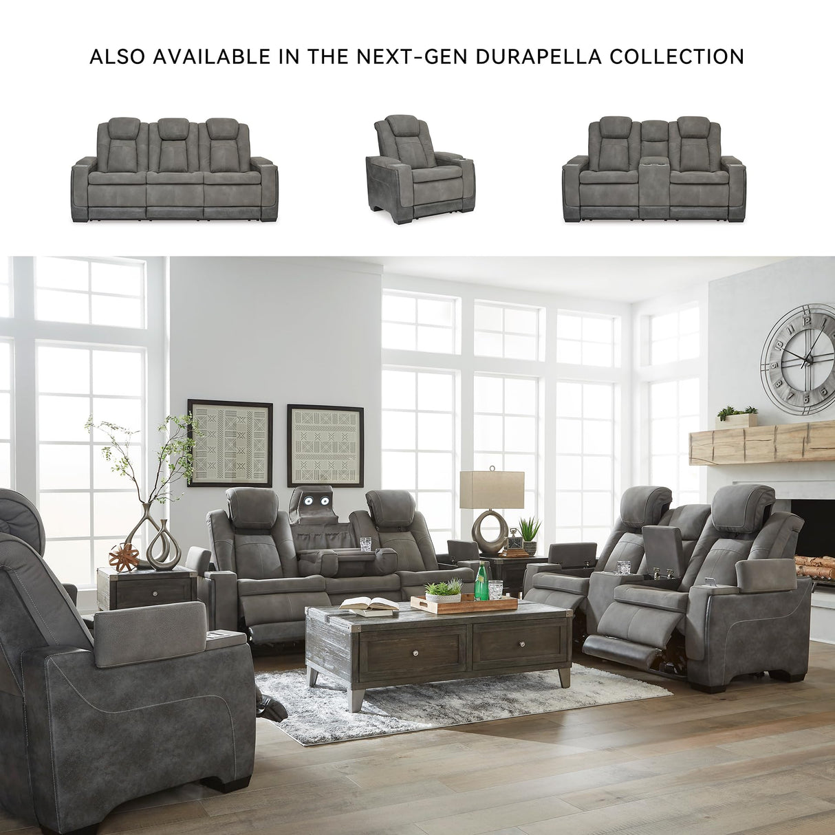 Signature Design by Ashley Next-Gen DuraPella Modern Faux Leather Power Reclining Loveseat with Console & Adjustable Headrest, Gray Signature Design by Ashley