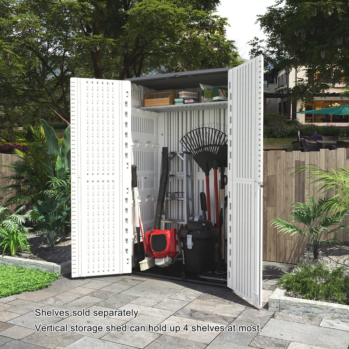 KINYING Outdoor Storage Shed Waterproof, Resin Vertical Storage Cabinet Double-Layered, Versatile to Store Patio Furniture, Garden Tools, Pool Accessories,Mower (66 Cu.ft,White) KINYING