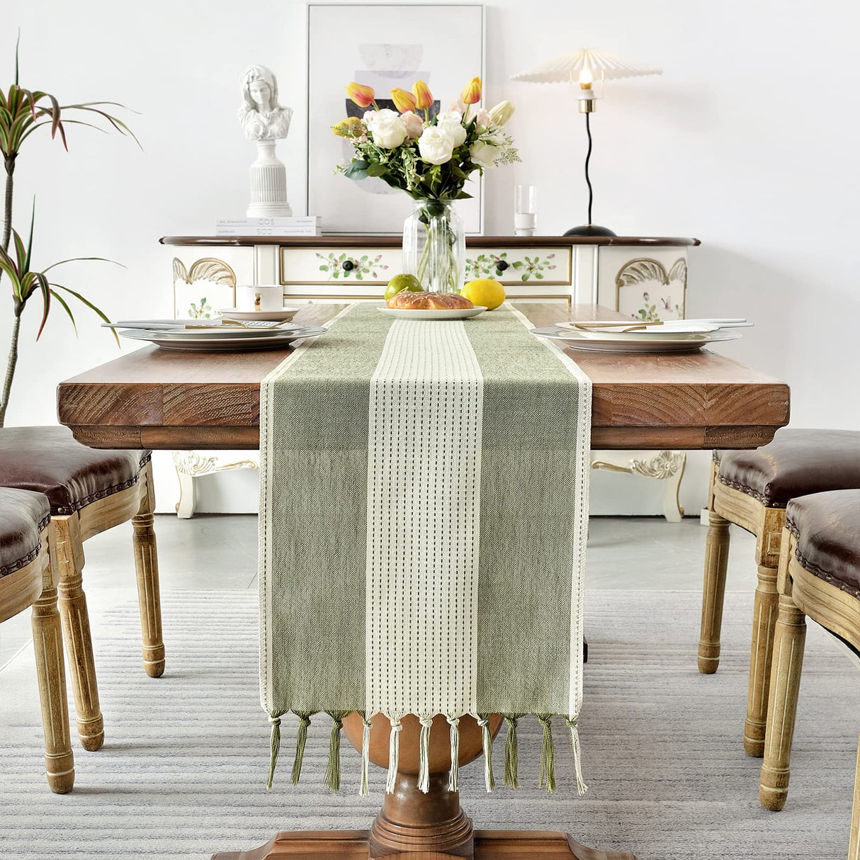 Wracra Linen Table Runner, Farmhouse Macrame Table Runners 72 Inches Long for Dining Table Decor, Wedding, Party and Dresser Decor (Sage Green,72") Wracra
