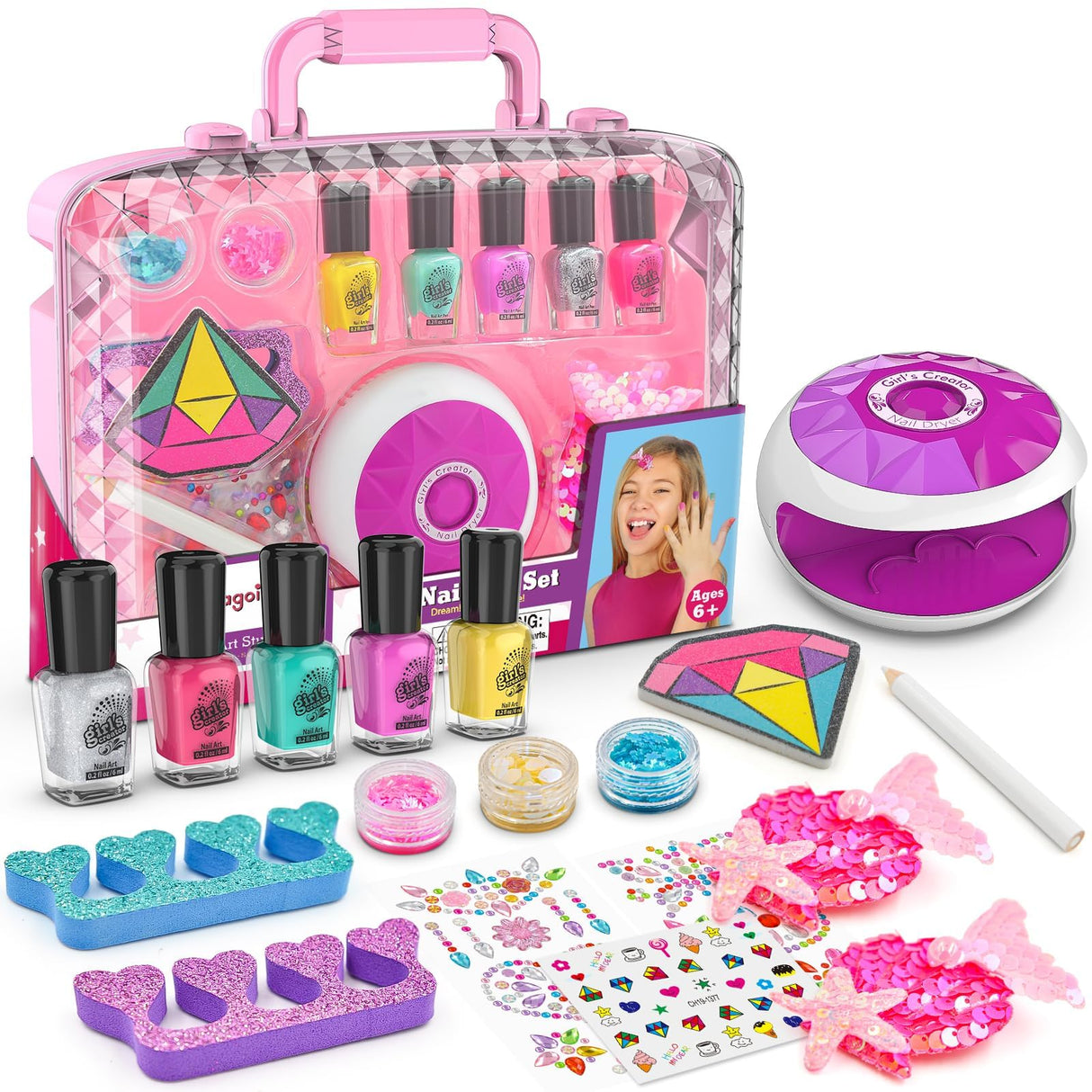 Amagoing Kids Nail Polish Set for Girls, All-in-One Nail Art Kit with Storage Box Ages 6-8, Non Toxic Nail Polish, Nail Dryer, Mermaid Hair Clip, Little Girl Toys Birthday Gift for 5 6 7 8 Years Old Amagoing