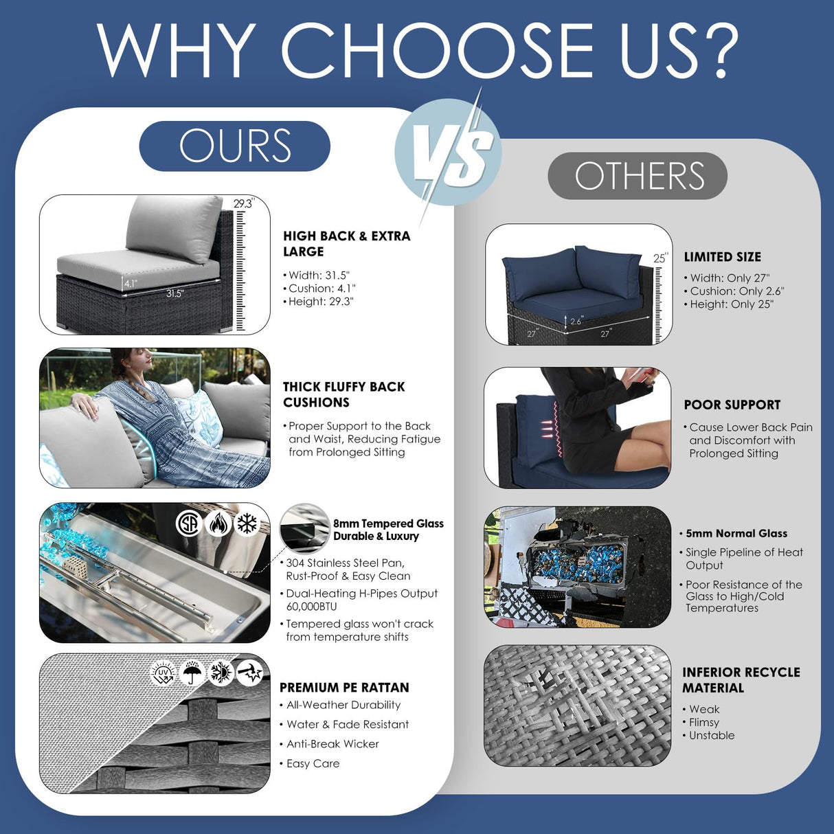 NICESOUL 15 Piece Outdoor Sectional with Fire Pit Table, Modern Luxury Patio Deep Seating w/Firepit, 29.3'' High-Back Wicker Couch Thick, Big High-Weight Capacity Sofa for Terrace, Yard, Light Gray NICESOUL