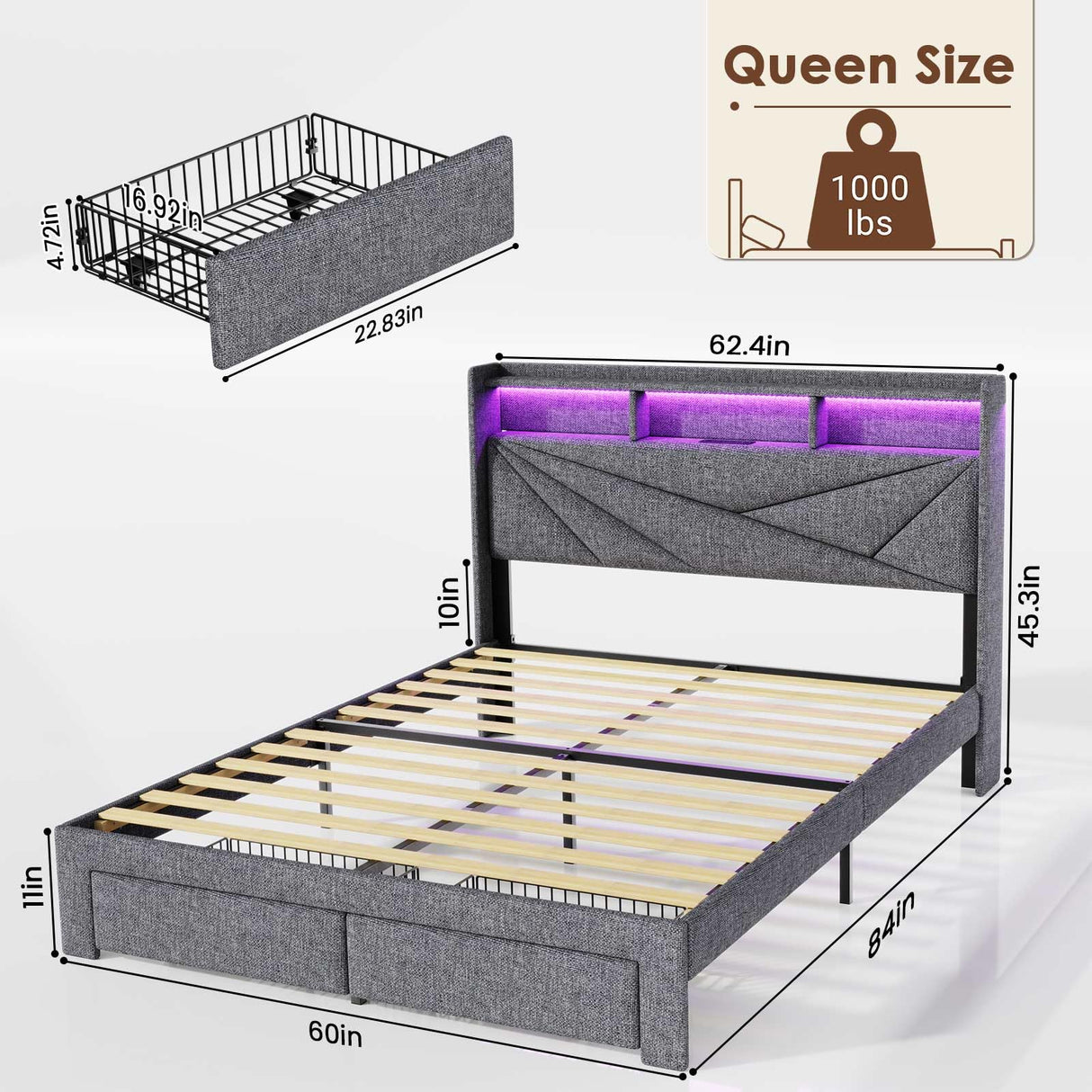 Driftalia LED Queen Bed Frame with 2 Storage Drawers, Upholstered Bed Frame Queen Size with Headboard and Charging Station, No Box Spring Needed, Easy to Assembly-Light Grey Driftalia