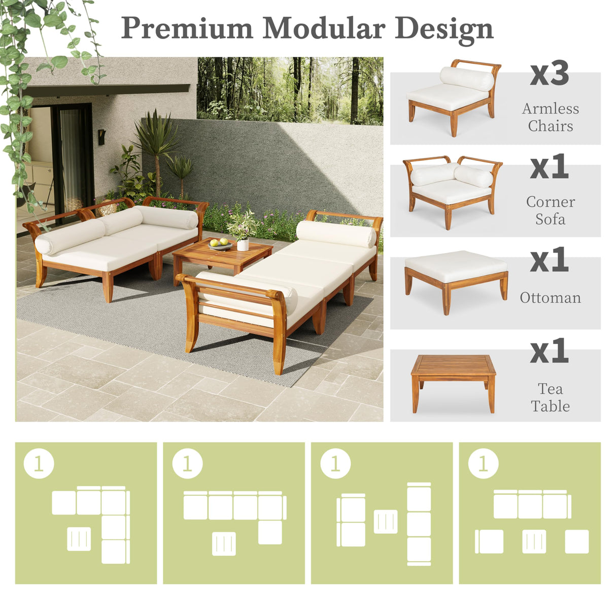 Merax 6 Pieces Patio Furniture Set, Outdoor L-Shaped Sectional Sofa Set with Coffee Table, Acacia Wood Conversation Seating & Cushions and Lumbar Pillows, for Garden, Poolside and Backyard, Teak+Beige Merax