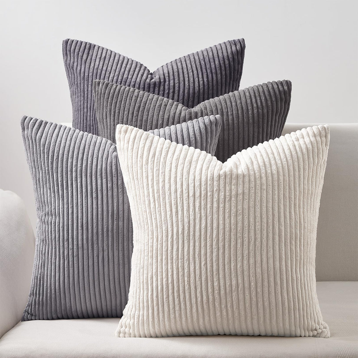 Topfinel Neutral Grey Decorative Throw Pillow Covers 18x18 Inch Set of 4,Modern Farmhouse Striped Corduroy Cushion Cases,Square Euro Shams for Sofa,Bedroom,Floor,Car(45cm Dark Gray) Topfinel