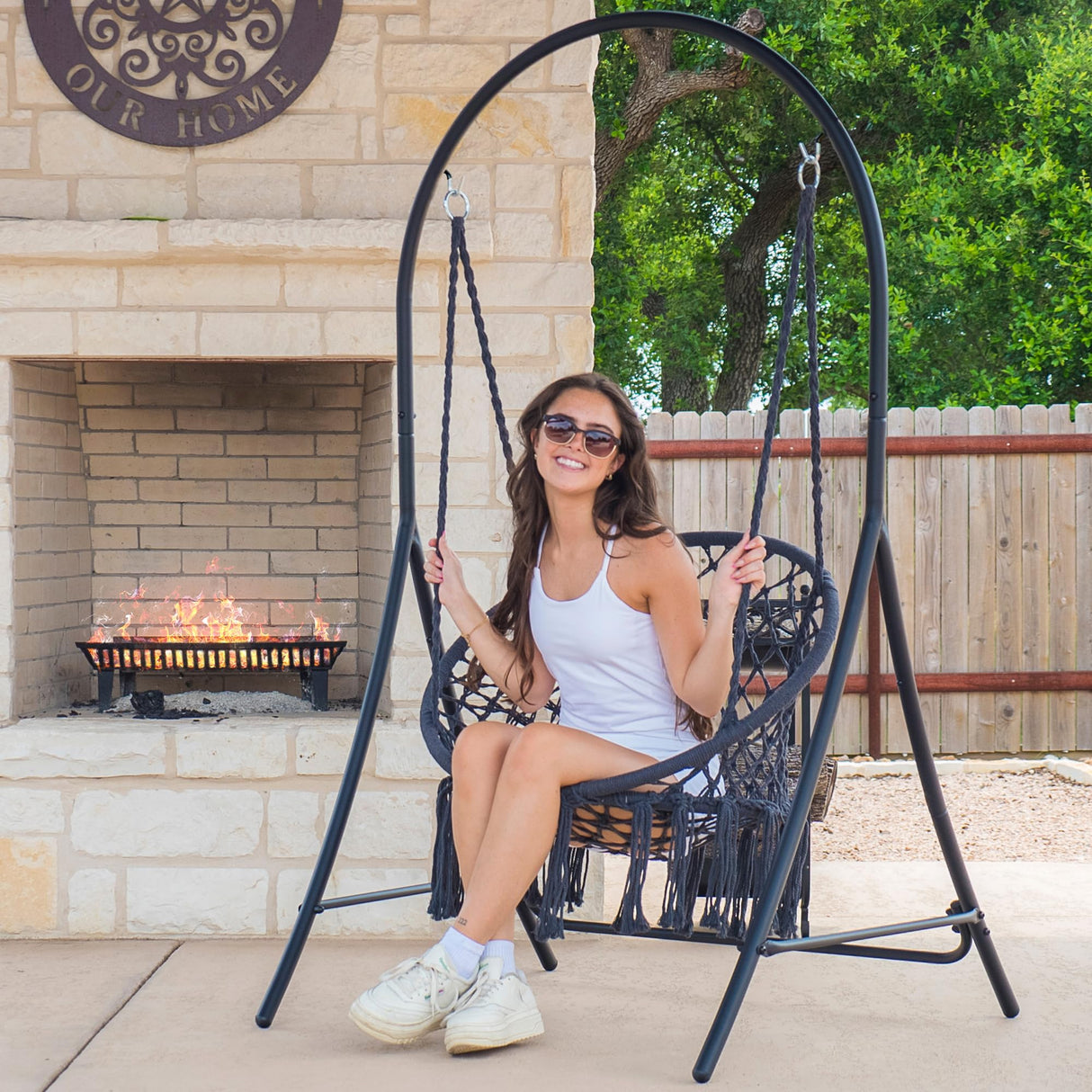 ANOW Hanging Swing Chair with Stand Included, Heavy Duty Hammock Chair with Stand and Removable Padded Cushion, Max 330 Lbs, Dark Grey ANOW