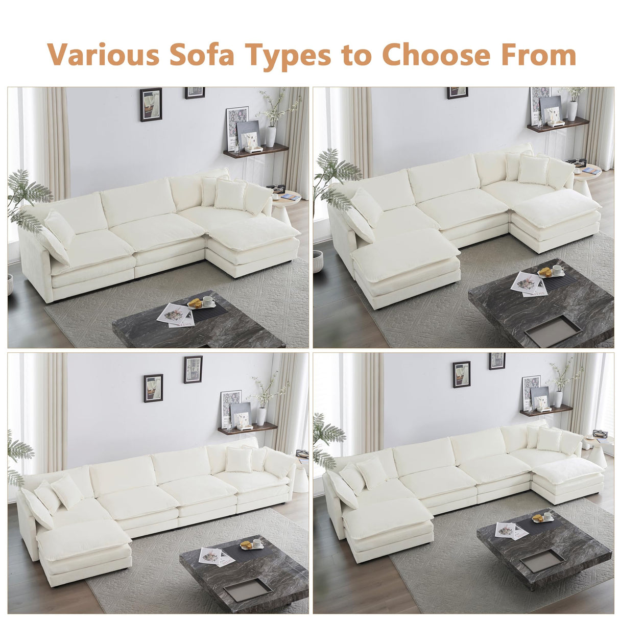 mikibama Modular Sectional Sofa, 111.5" L Shaped Couch Set for Living Room, 3-Seater Comfy Cloud Couches with Movable Ottoman, DIY Combination, Chenille, Beige mikibama