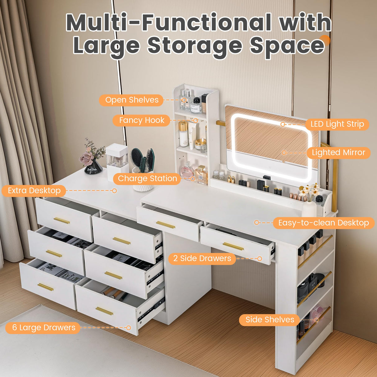 Pamapic 67" Vanity Desk with Mirror and LED Lights, Golden Handles 15 Storage Spaces White Vanity D, 8 Drawers Makeup Desk with Upgraded Silent Slides, Adjustable Width Dresser with Mirror Gift Pamapic