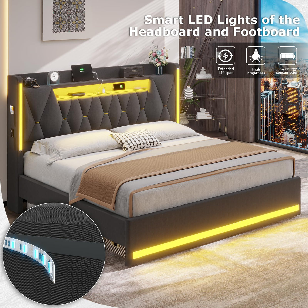 BYSAUD King Size Bed Frame with LED Lights & Charging Station, LED King Bed with Hidden Space and 2-Tier Shelves, Upholstered Metal Bed Frame with Headboard, No Box Spring Needed, Dark Gray, Linen BYSAUD