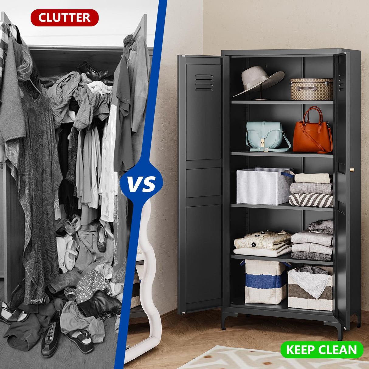 BYNSOE Kitchen Pantry Storage Cabinet with Adjustable Shelves Metal Cupboard Storage Cabinet with Adjustable Feet Pantry Cabinet for Kitchen, Living Room Dinning Room Bathroom. (Black, 61 inch) BYNSOE